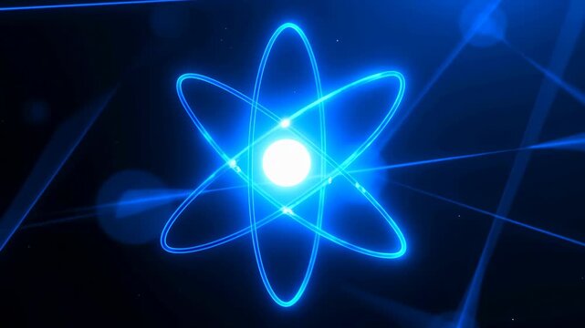 Glowing atom symbol with rotating electron orbits in abstract dark space. Science education, physics presentations, and chemistry lessons.
