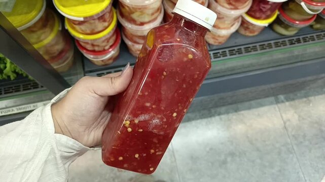 female hands holding a bottle of hot garlic sauce in a supermarket, representing condiment selection, food shopping and culinary ingredients.