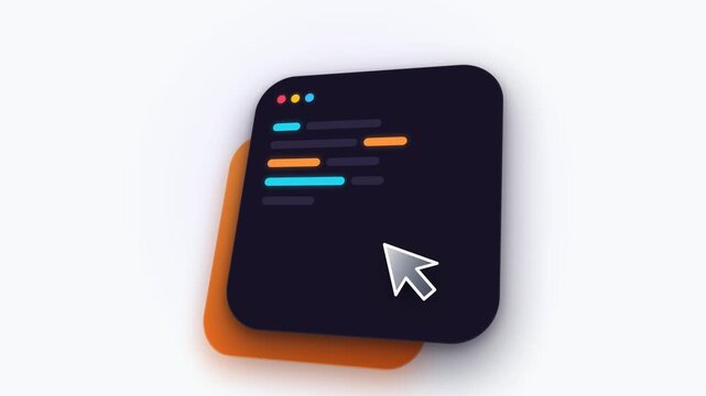 Precisely centered isometric developer code editor terminal window animation on a 4K canvas with a seamless harmonic loop eliminating sudden jumps on the back card, featuring glowing neon syntax lines