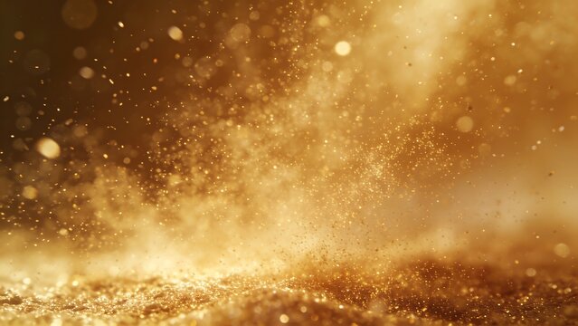 Golden glitter and dust particles exploding upward against dark background