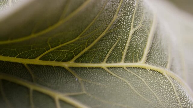 Extreme close-up reveals branching veins and fine texture across a green leaf in a natural setting. Botanical education, plant science presentations, and nature documentaries.