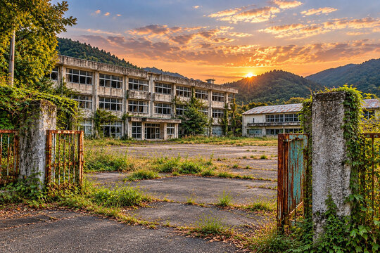 Abandoned Elementary School in Rural Japan at Sunset