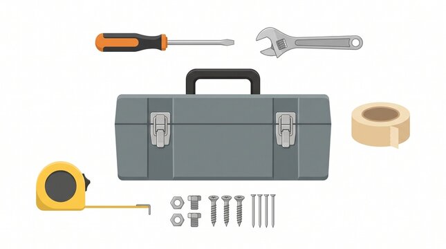 Isometric metal toolbox with hand tools hardware and measuring tape hardware maintenance workshop