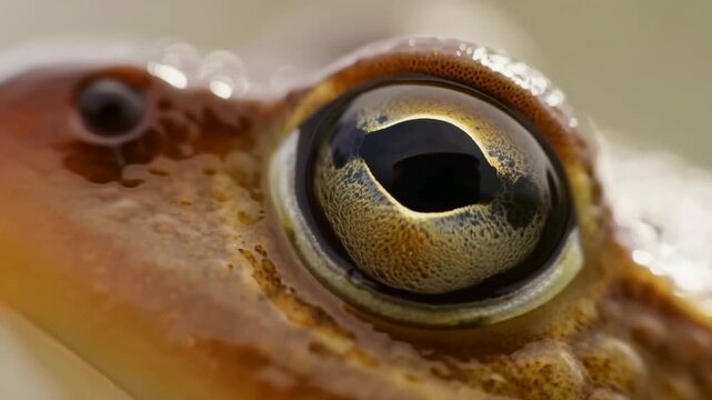 Extreme close-up of a brown frog eye and textured head in a natural setting. Wildlife documentaries, biology education, and amphibian research.