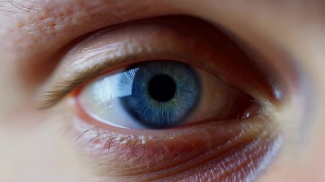 Extreme close-up of a blue human eye opening with subtle gaze adjustment in a straight-on macro view. Ophthalmology advertising, optometry services, and eye care campaigns.