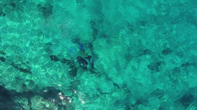 Aerial scuba diving training above rocky reef shows students and instructors in clear blue sea.