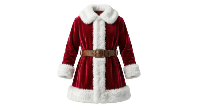 Red velvet santa claus jacket with white fur trim and belt isolated on transparent background
