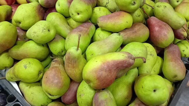 Green Talgar pear in a crate at a supermarket, illustrating fresh fruit sales, produce sorting, transportation and retail distribution.