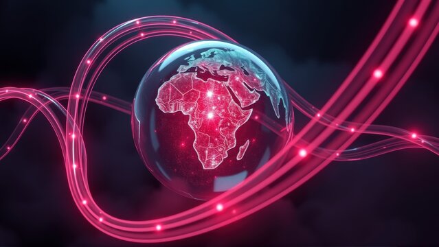 Glowing globe depicts Africa. Red lines swirl around sphere, suggesting connectivity, technology, global network. Dark background enhances visual impact.