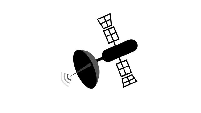 White satellite with dish and solar panels sending signal minimalist animation