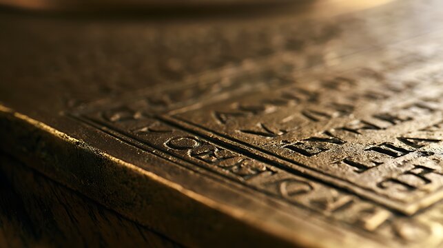 Ancient metal tablet with engraved mysterious symbols in macro perspective.