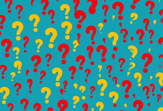 Vibrant pattern of colorful question marks on a bright teal background, abstract design