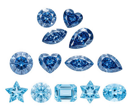 Collection of various cut blue diamonds and gemstones, isolated on transparent background