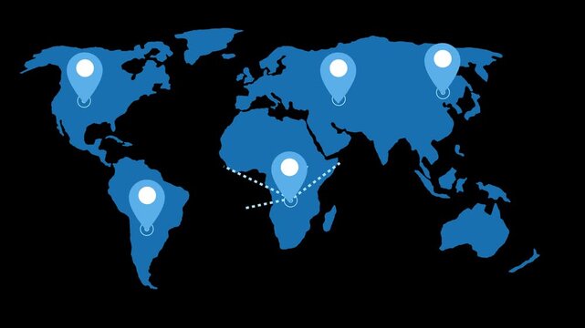 Stylized flat world map location pins connected dotted lines converging animation