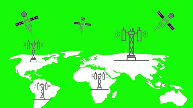 Stylized world map continents showing cell towers and satellites communicating animation