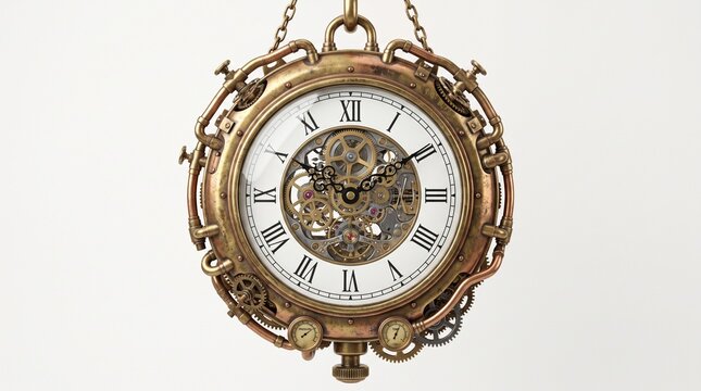 Vintage steampunk style clock with exposed gears and roman numerals hanging against a white background.