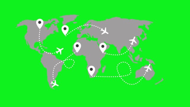 Flat world map with location pins and airplanes connected by dotted routes animation