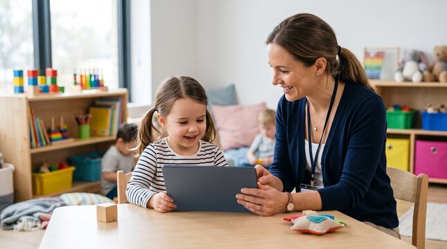 Preschool Teacher Showing Tablet to Smiling Girl