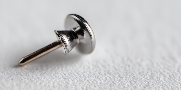 Closeup of a small silver metal pin fastener resting on white fabric