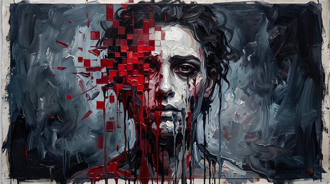 Abstract oil painting of a human face dissolving into red geometric pixels and dripping paint textures