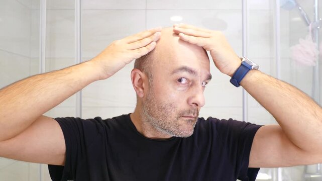 Bald middle aged man examines his head in the mirror during a private self image moment.