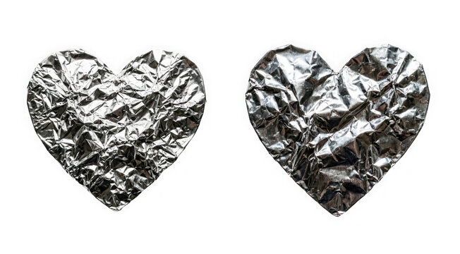 Two crumpled aluminum foil hearts, with textured surface, symbolizing love, isolated on transparent background