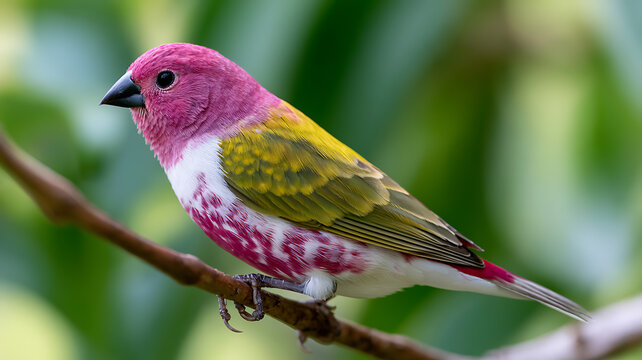 Vibrant pinkheaded greenbacked finch perched on a thin brown branch against a blurred natural green background