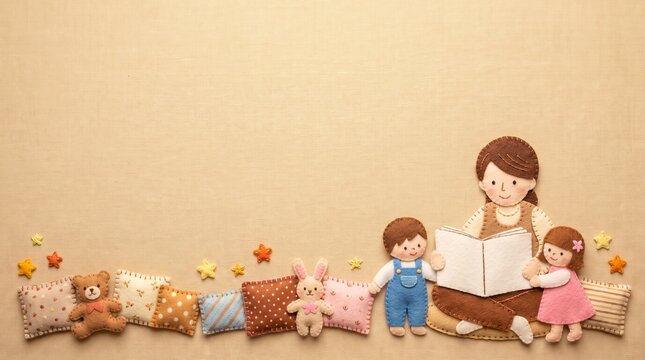 親が子どもに絵本を読み聞かせる家庭教育のフェルトクラフト背景