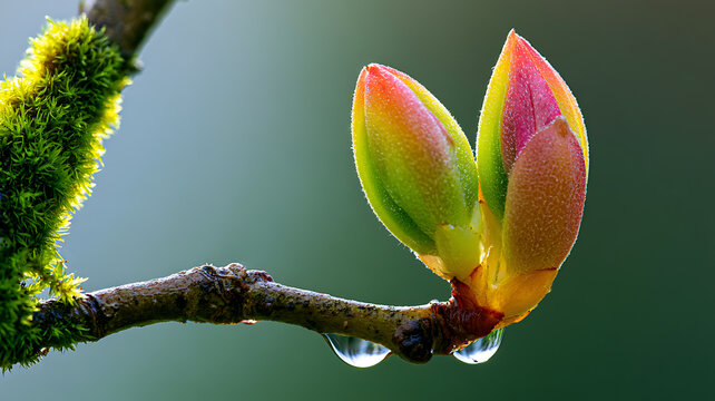 Spring tree buds with water drops on a rainy morning