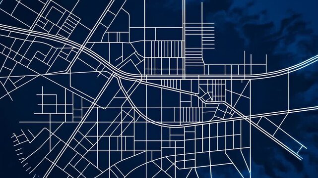 Glowing city map lines assemble across a dark blue digital field. Mapping software presentations, navigation technology advertising, and transportation communications.