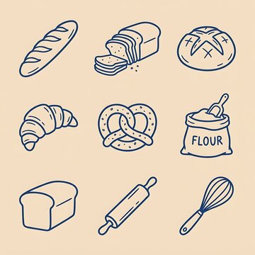 Set of bakery icons including bread croissant pretzel and baking tools