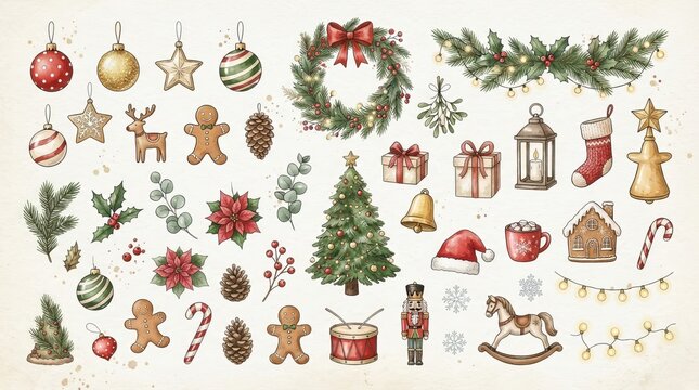 Set of Christmas Elements Hand Drawn Watercolor Illustration for Holiday Decor and Festive Design