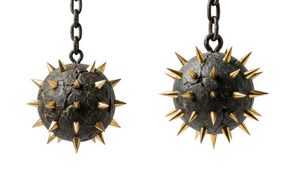 Two medieval spiked mace weapons or flails with chains, isolated on transparent background