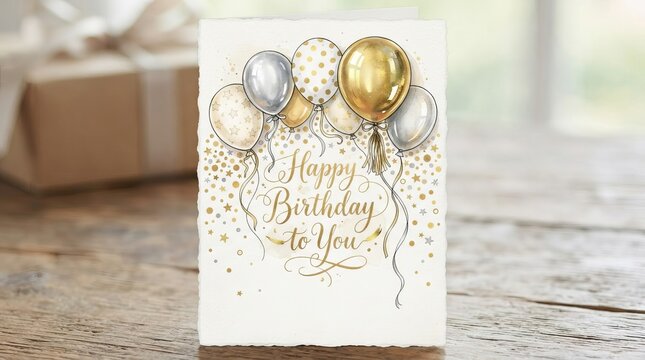 Elegant birthday card with metallic balloons against confetti and stars on ivory textured cardstock.