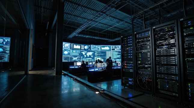 Security analysts monitor digital data in a dark server room. Advanced artificial intelligence protects casino infrastructure from cyber threats.
