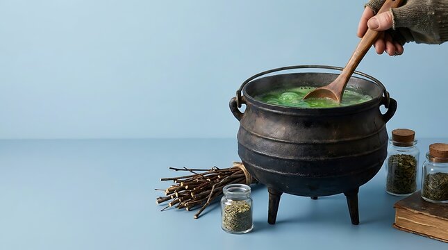 Witch cauldron with bubbling green potion, cast iron pot with magic brew and wooden spoon, mystical alchemy ingredients on blue background