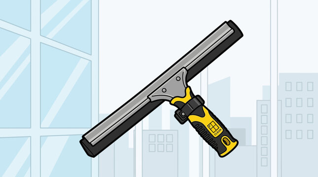 Window Squeegee with Yellow Handle and Black Blade, Cleaning Tool for Professional Use. Illustration of a Cleaning Device Against a Blurred Urban