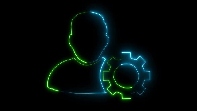 Profile icon outlined in vibrant neon green and blue light represents the settings menu for a digital user interface on a black background, signifying technical configuration for a software platform.