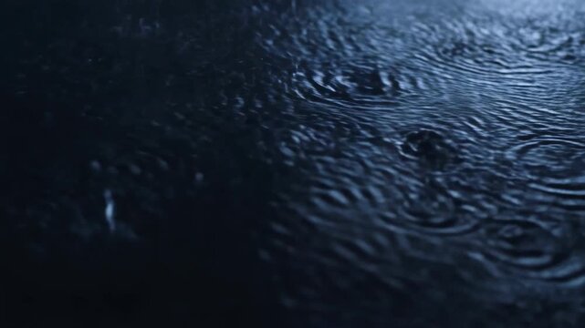 Raindrops strike a dark water surface, forming overlapping ripples under subdued blue light. Cinematic transitions, weather programming, and nature documentaries.