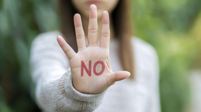 Hand with word No displayed prominently, conveying strong message of refusal and assertiveness