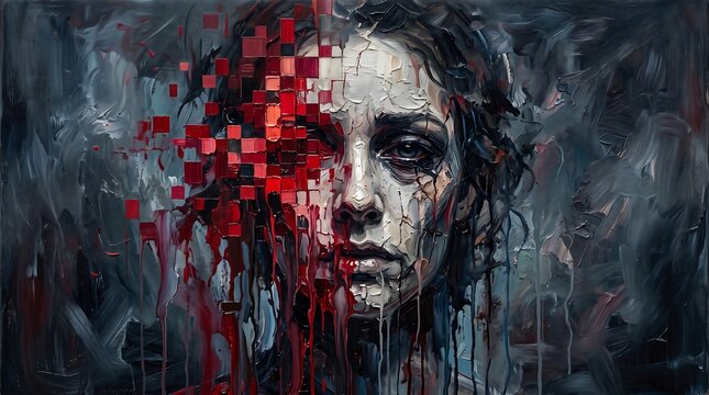Abstract portrait of a woman with face dissolving into red digital pixels and paint drips on canvas