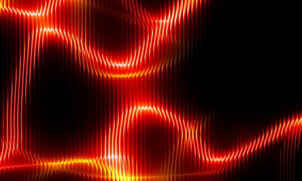 Abstract background with vertical neon red stripes on dark reeded glass texture, vibrant 3D glossy liquid wave with dramatic light reflections