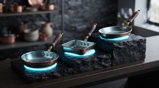 Collection of classic miniature copper frying pans with hammered surfaces, electric cyan underlighting and ice blue reflections on black stone.