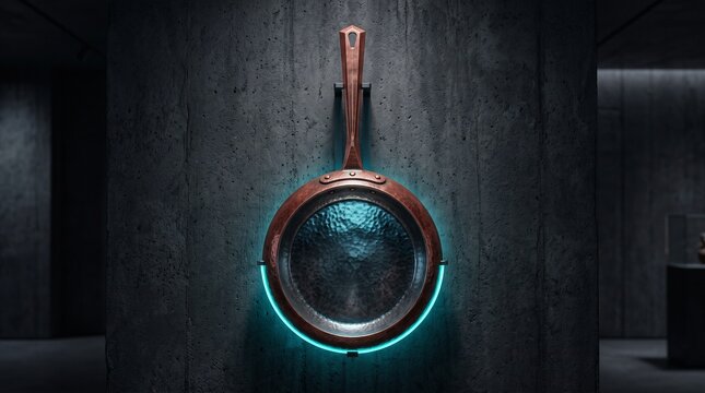 Architectural classic copper frying pan with reddish patina, electric cyan rim illumination and ice blue interior reflections on a dark wall.