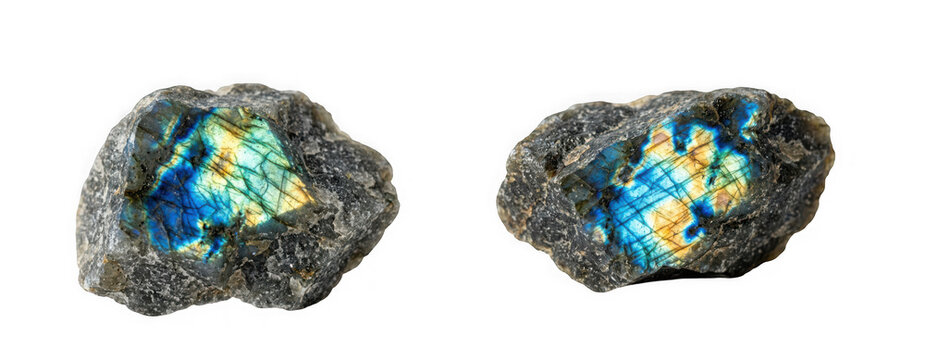 Two rough labradorite stones showing iridescent blue and yellow flash, isolated on transparent background