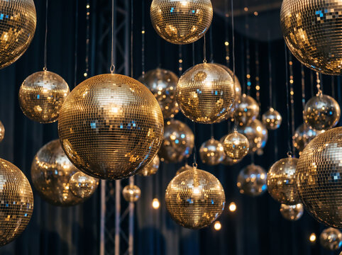 Hanging Golden Disco Balls in Dark Room for Nightlife Party and Celebration Event