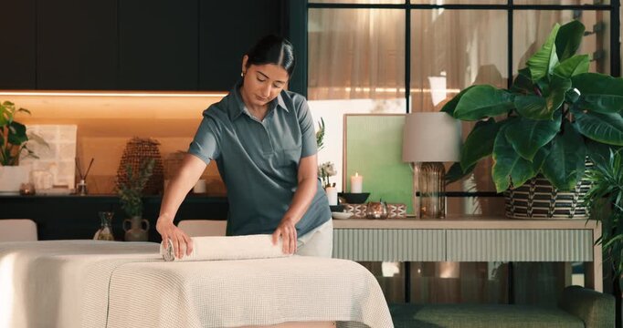 Thinking, woman and smile at spa with towel, massage preparation and cleanliness for hospitality. Masseuse, organizing and housekeeping at resort with fresh linen, arrangement and luxury treatment