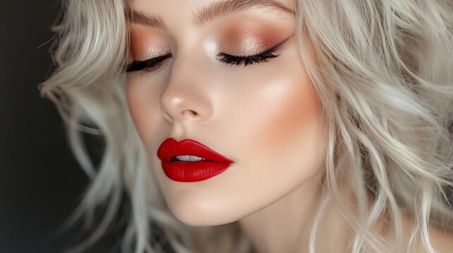 Close up portrait revealing striking makeup featuring bright red lipstick, contrasted with smoky eyeshadow, and flawless complexion