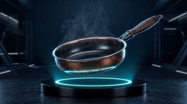 Timeless copper frying pan with wooden handle and subtle steam, surrounded by electric cyan halo and ice blue highlights in a dark studio.