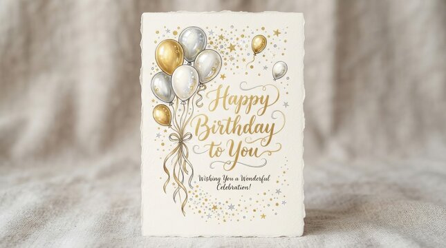 Elegant Happy Birthday Greeting Card Featuring Luxurious Gold And Silver Illustrative Balloons Area